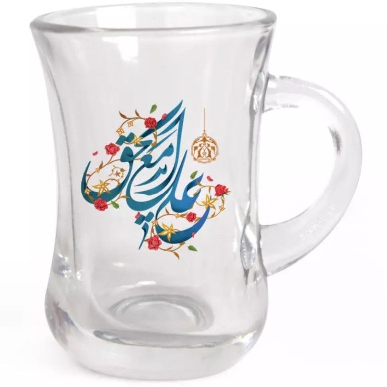 استکان تک عددی کمر باریک دسته دار، مزین به علی مع الحق و حق مع علی