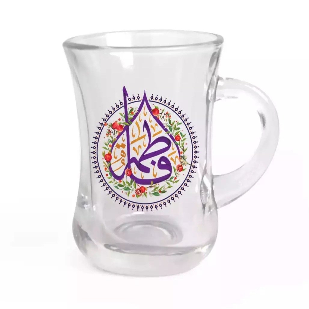 استکان تک عددی کمر باریک دسته دار طرح انار ، مزین به ذکر فاطمه سلام الله علیها