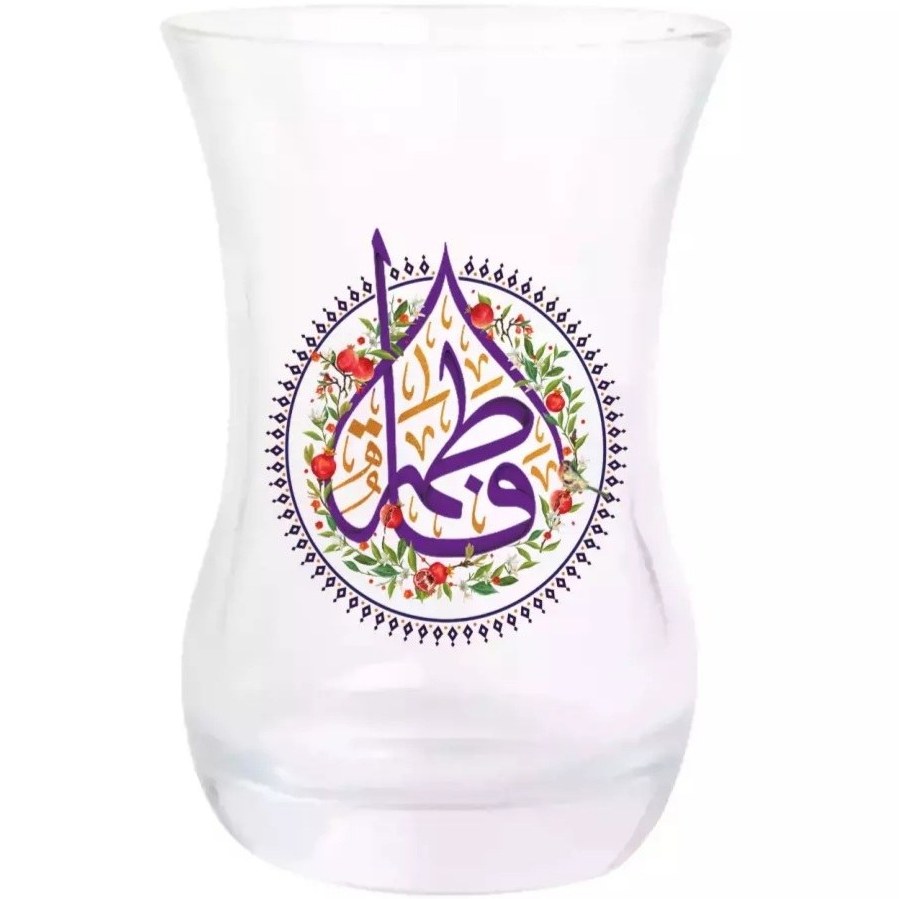 استکان تک عددی کمر باریک بدون دسته طرح انار ،مزین به یا فاطمه الزهرا سلام الله علیها