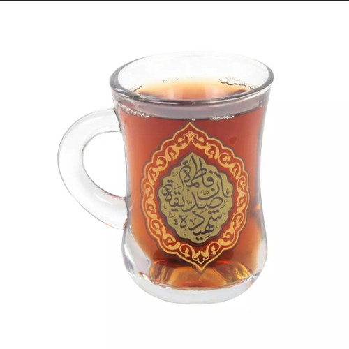 استکان کمر باریک دسته دار ست ۶ عددی ،مزین به ان فاطمه الصدیقة الشهیده