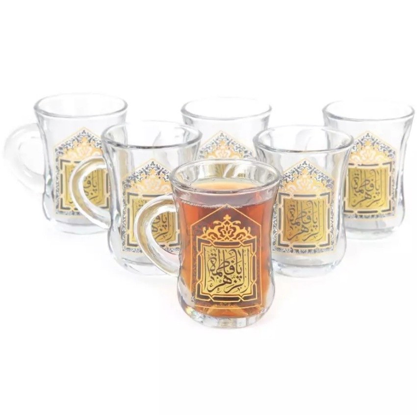 استکان کمر باریک دسته دار، ست ۶ عددی ،مزین به یا فاطمه الزهرا سلام الله علیها طرح ۵ ضلعی