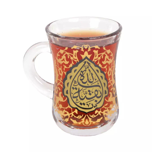 استکان کمر باریک دسته دار، ست ۶ عددی ،مزین به بقیه الله