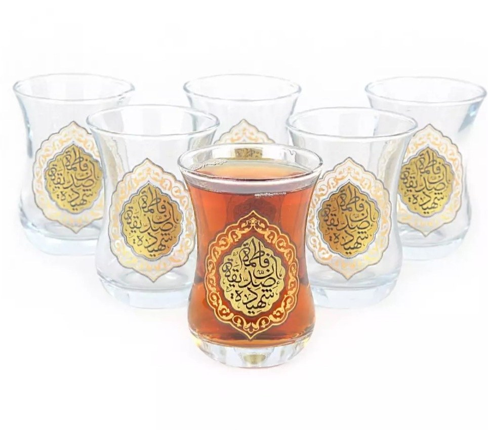 ست ۶ عددی استکان کمر باریک بدون دسته ، مزین به ان فاطمه الصدیقة الشهیده