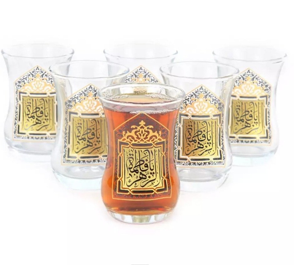 ست ۶ عددی استکان کمر باریک بدون دسته ، مزین به یا فاطمه الزهرا طرح ۵ ضلعی