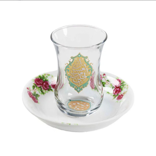استکان و نعلبکی گلسرخی بدون دسته ، مزین به أحلی من العسل