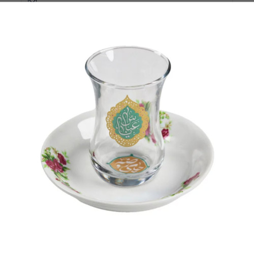 استکان و نعلبکی گلسرخی بدون دسته ، مزین به یا عباس