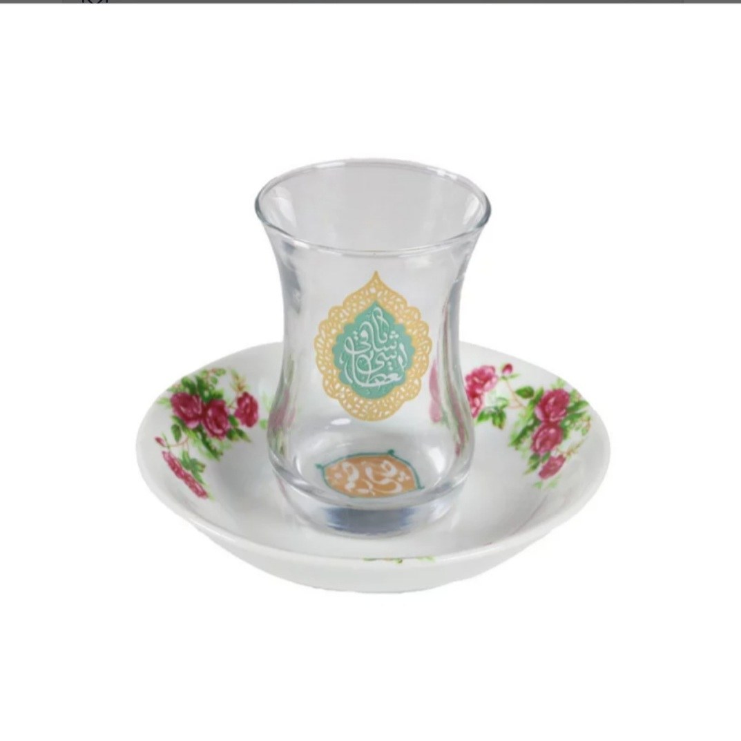 استکان و نعلبکی گلسرخی بدون دسته ، مزین به یا ساقی العطاشی