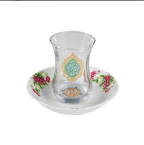 استکان و نعلبکی گلسرخی بدون دسته ، مزین به یا ساقی العطاشی