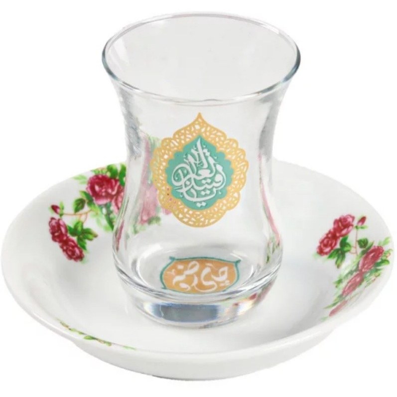 استکان و نعلبکی گلسرخی بدون دسته ، مزین به یا قتیل العبرات