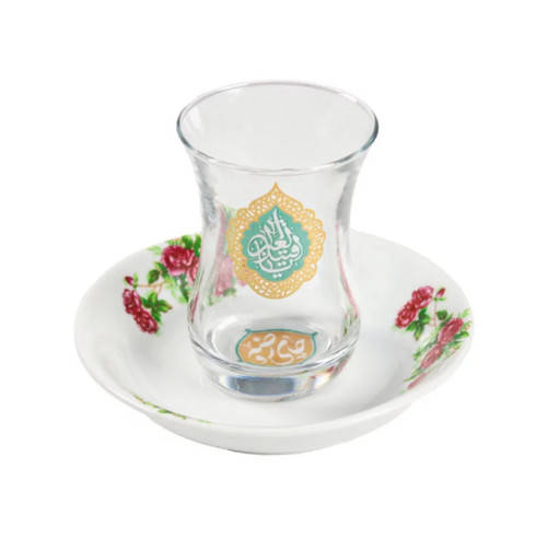 استکان و نعلبکی گلسرخی بدون دسته ، مزین به یا قتیل العبرات